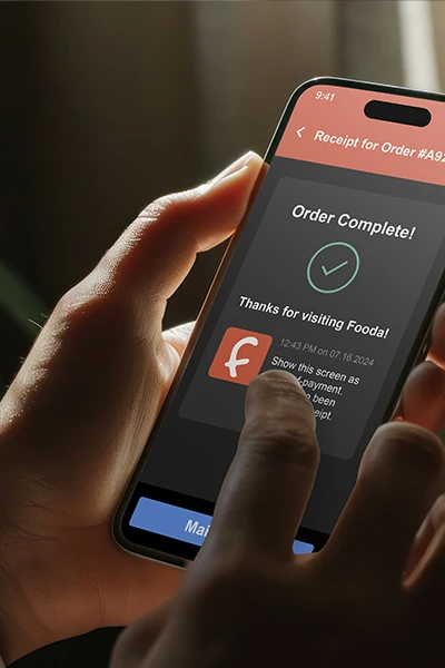 Hands holding phone using the Fooda app to complete an order.