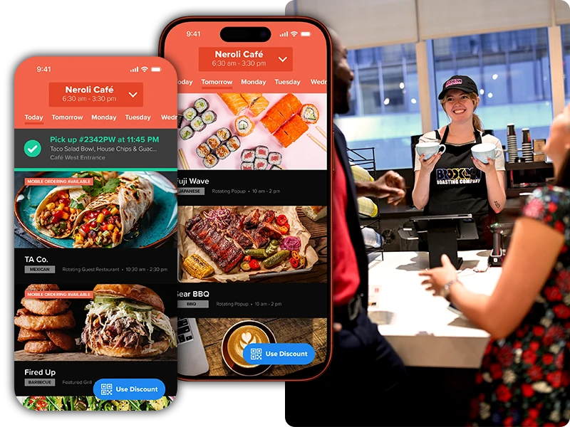 Two smartphones showing restaurant menus and discounts on the Fooda app next to a smiling woman serving coffee at a cafe counter.
