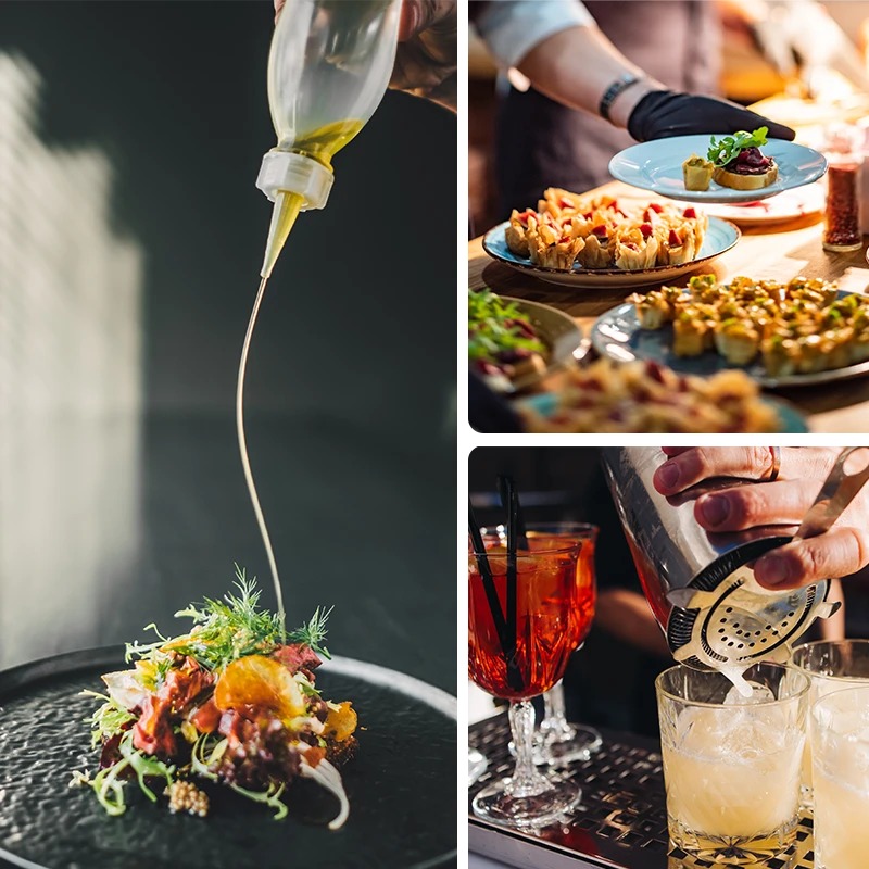 Chef drizzling sauce on a salad dish; waiter serving appetizers; bartender pouring cocktails.