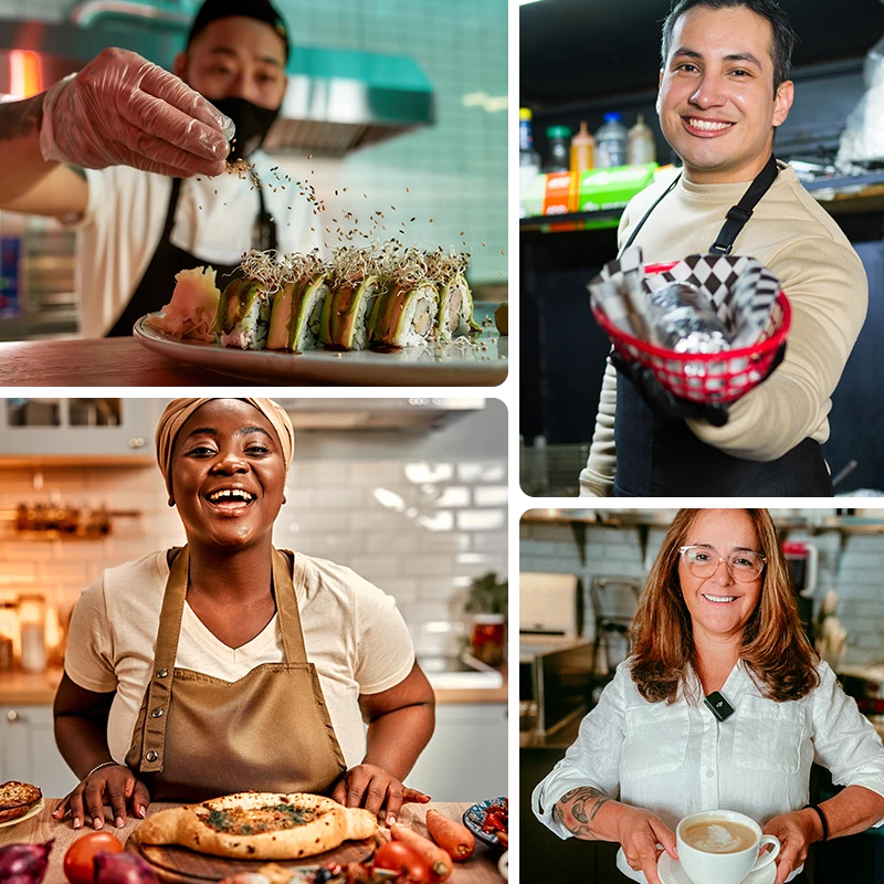 Collage of diverse restaurant workers preparing and serving food with smiles in kitchen and dining areas.