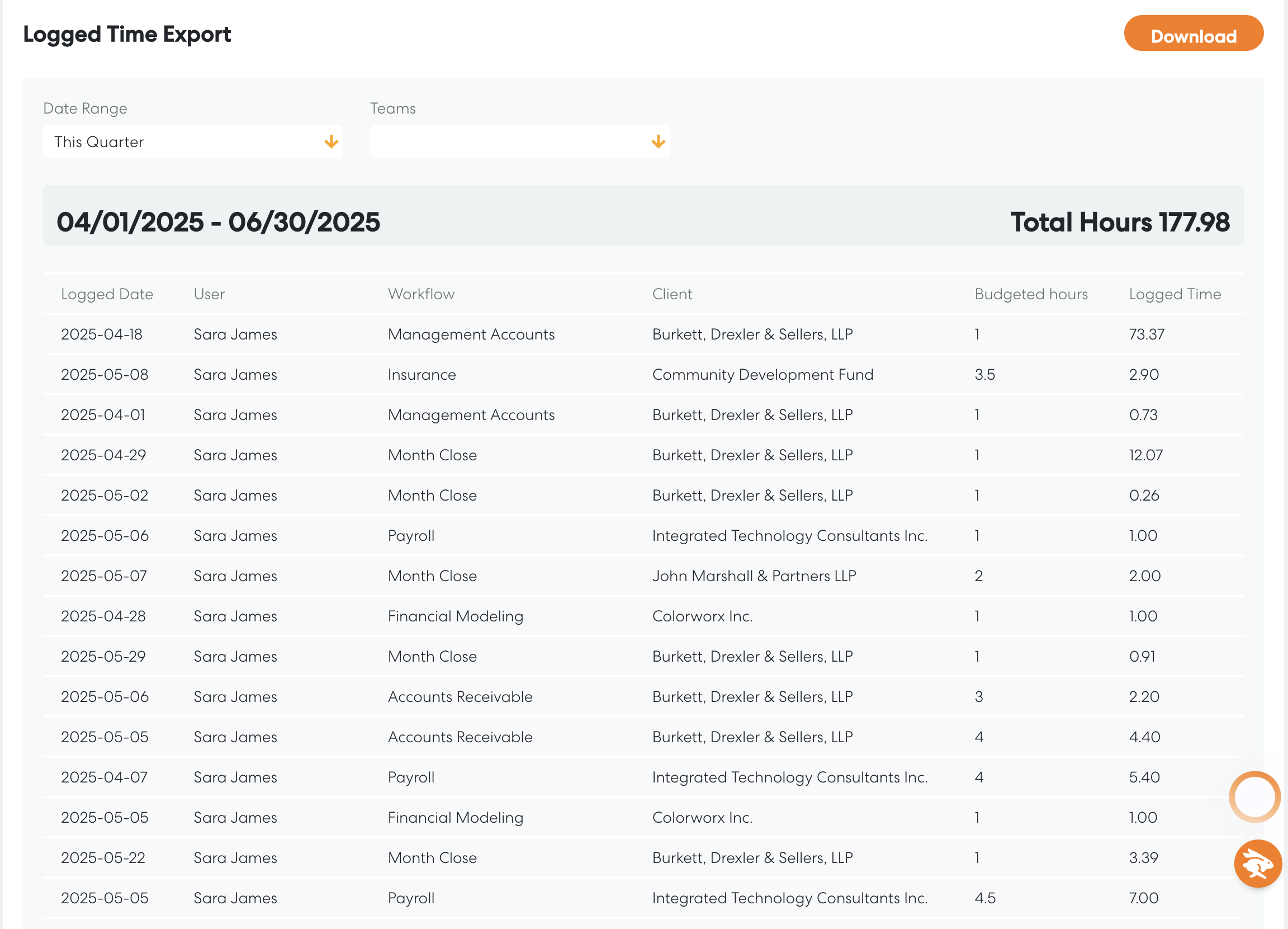 budgetted and logged time tracker in levvy
