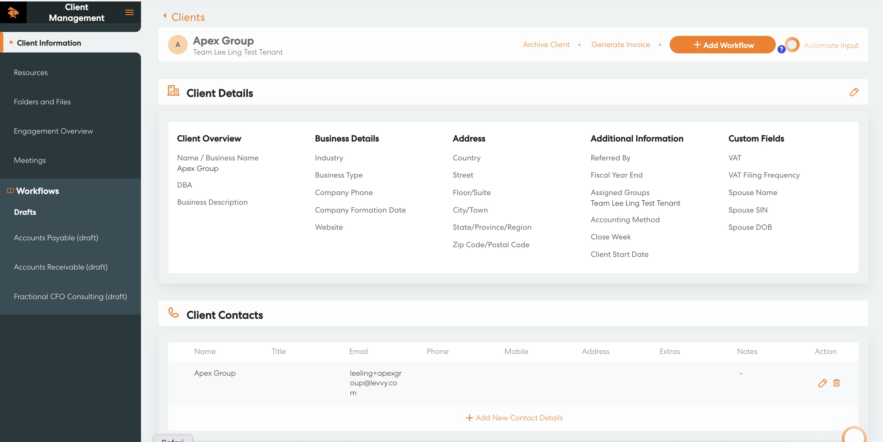 Client Profile in Levvy Anchor Integration interface in Levvy
