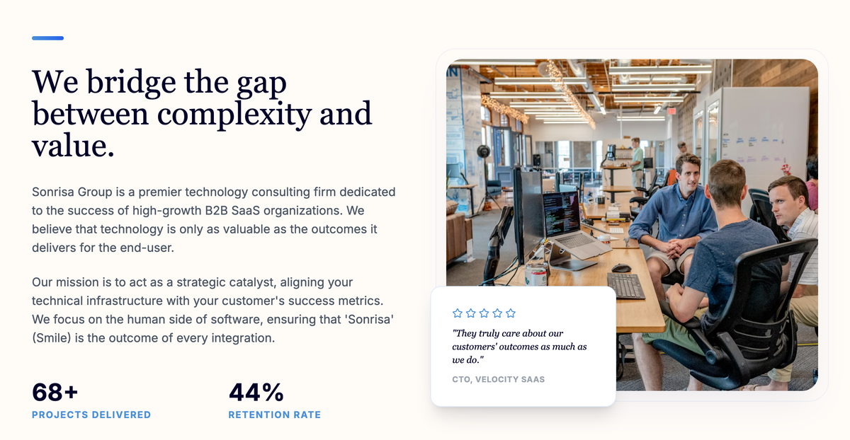 Sonrisa Group - About & Core Expertise sections