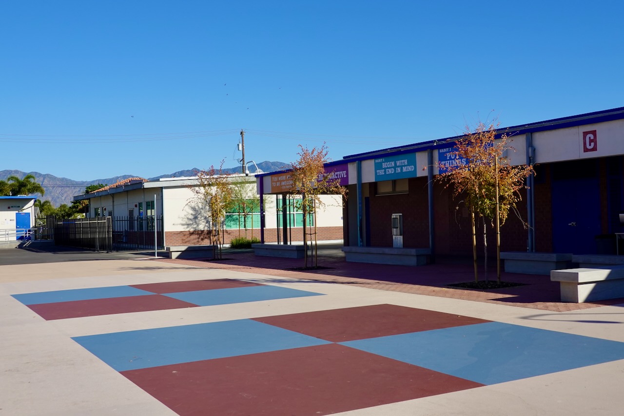Cortada Elementary after renovation: stormwater garden with native plants.