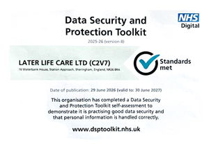 NHS Data Security and Protection Toolkit (DSPT) Standards Met certificate for Later Life Care Ltd, valid through June 2027.
