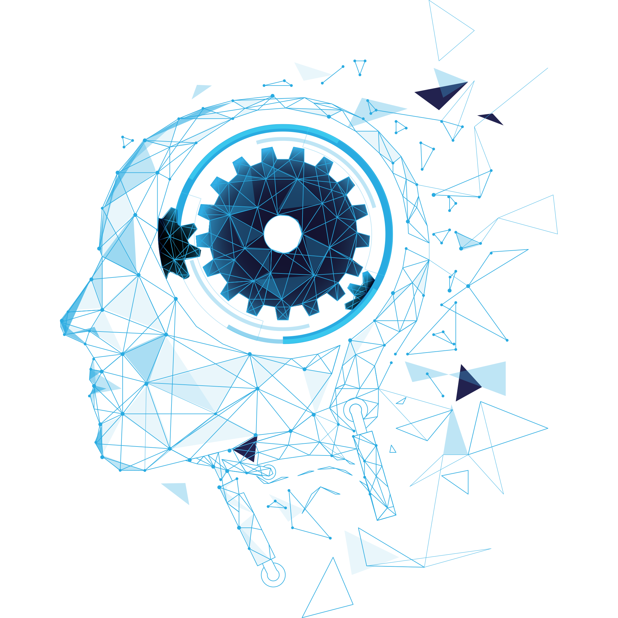 Low-poly wireframe human head with glowing gear mechanism representing AI and machine thinking