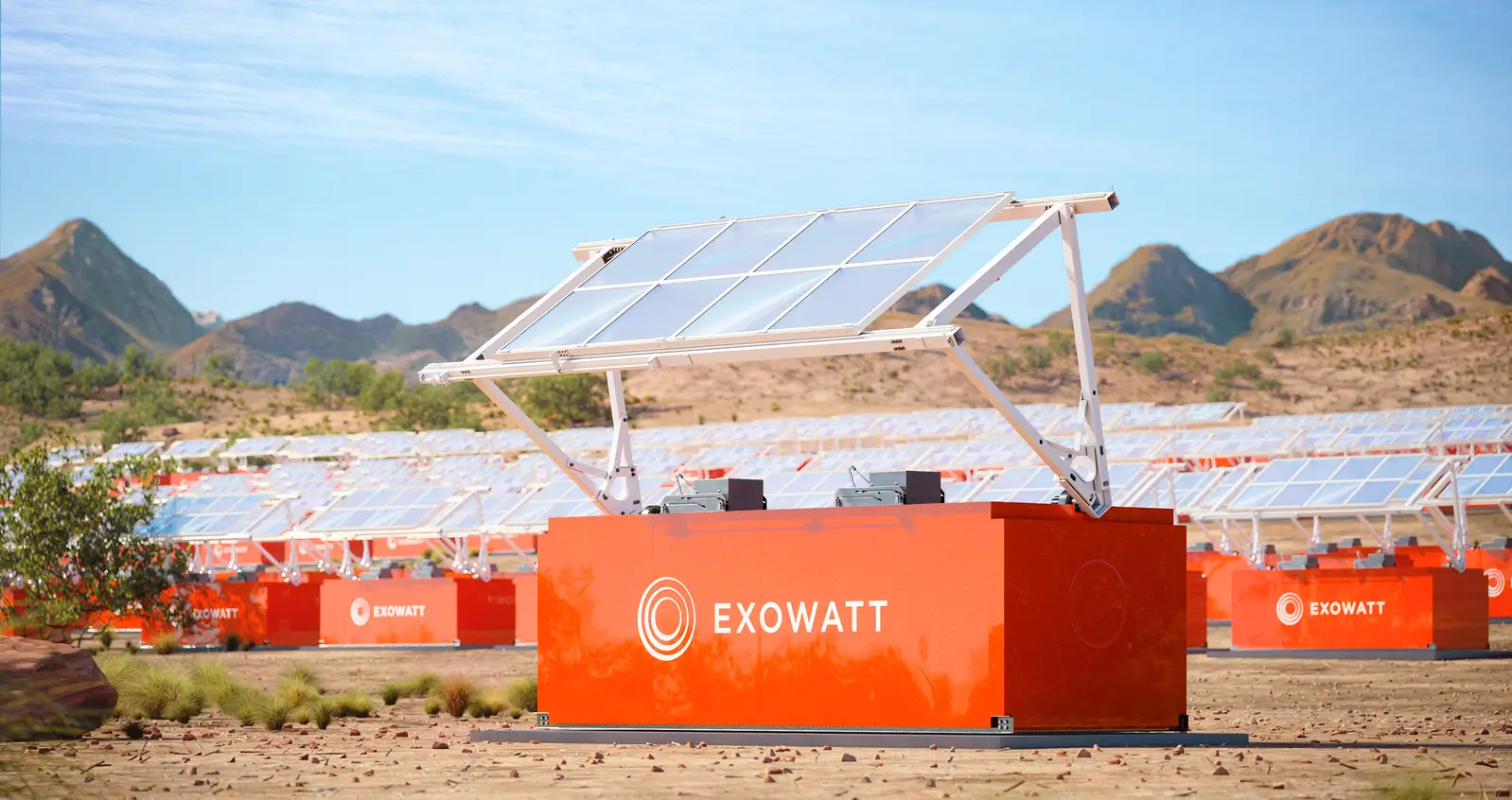 Series of Exowatt units outside with the mountains in the background