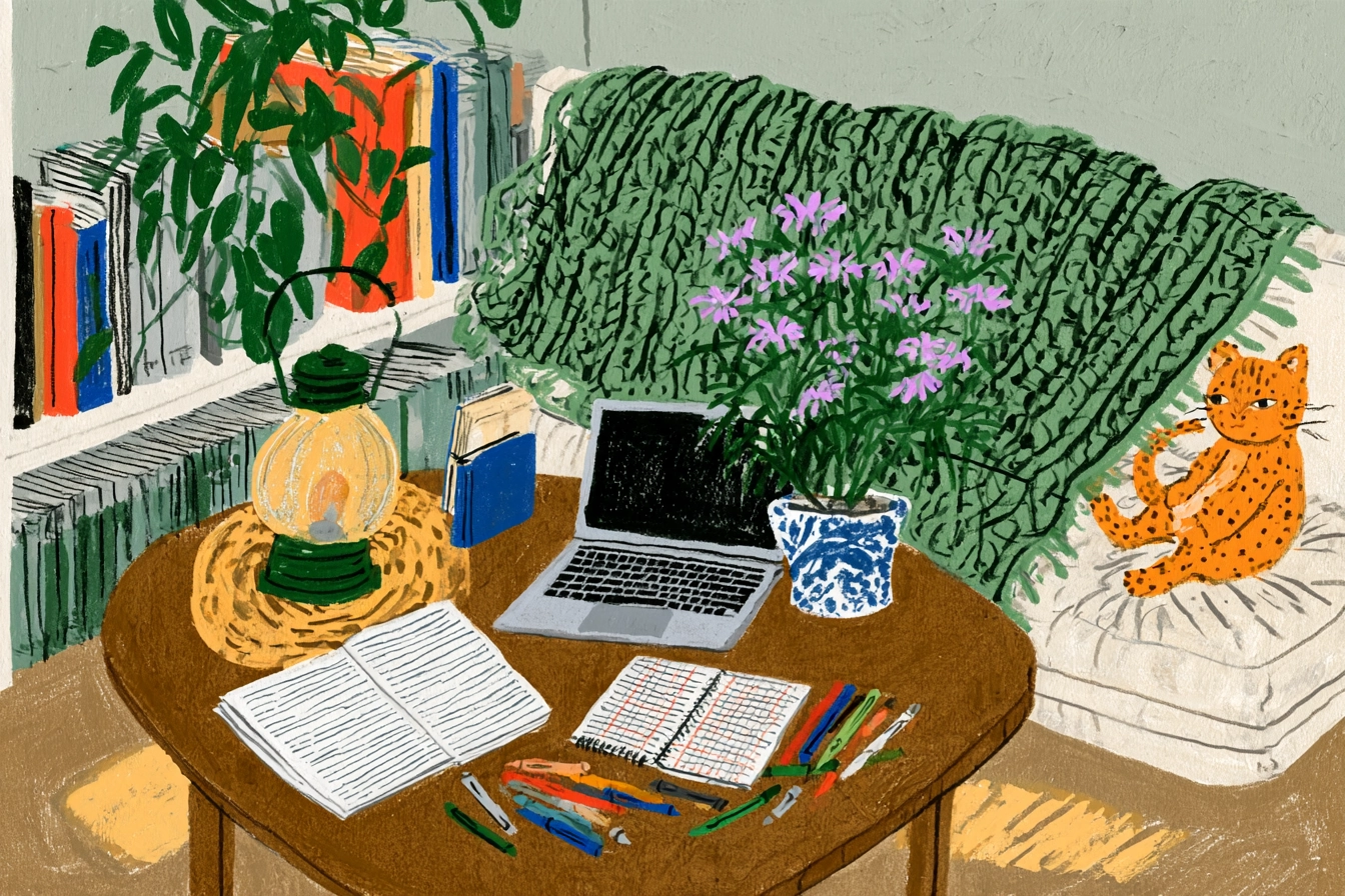Illustration of a cozy reading table with a lantern, a laptop, open books and flowers