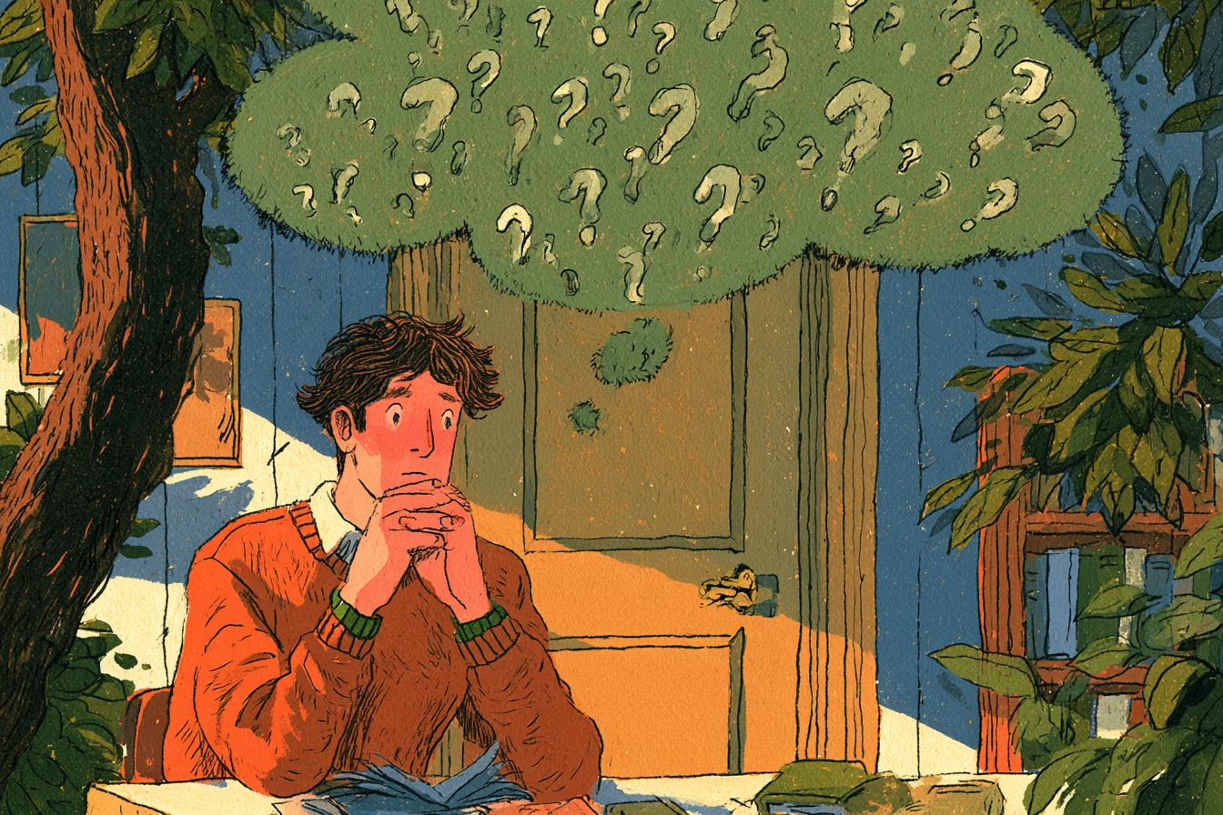 Illustration of a young man at a desk, deep in thought under a cloud of question marks