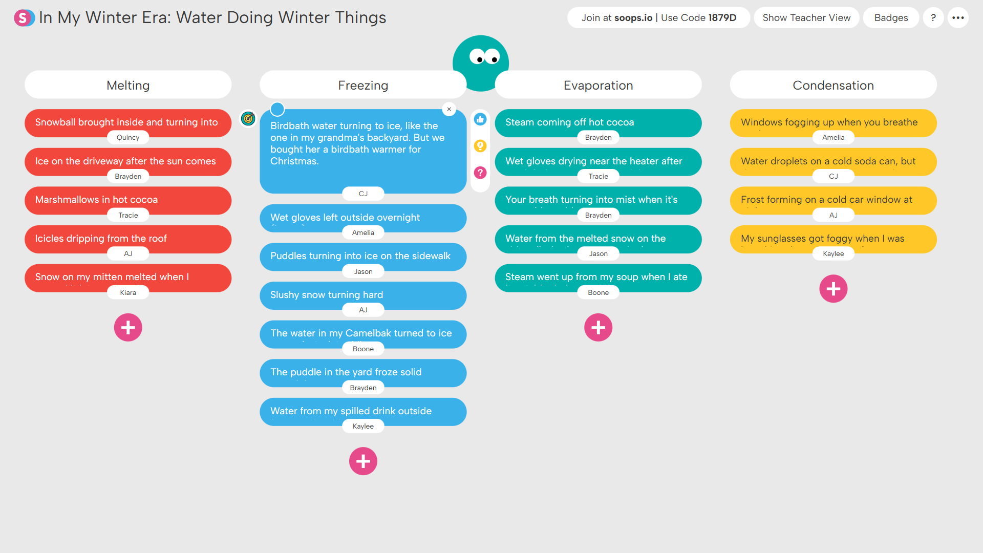 Superstructures Columns: Online board titled 'In My Winter Era: Water Doing Winter Things' categorizing student notes under Melting, Freezing, Evaporation, and Condensation with color-coded text boxes and student names.