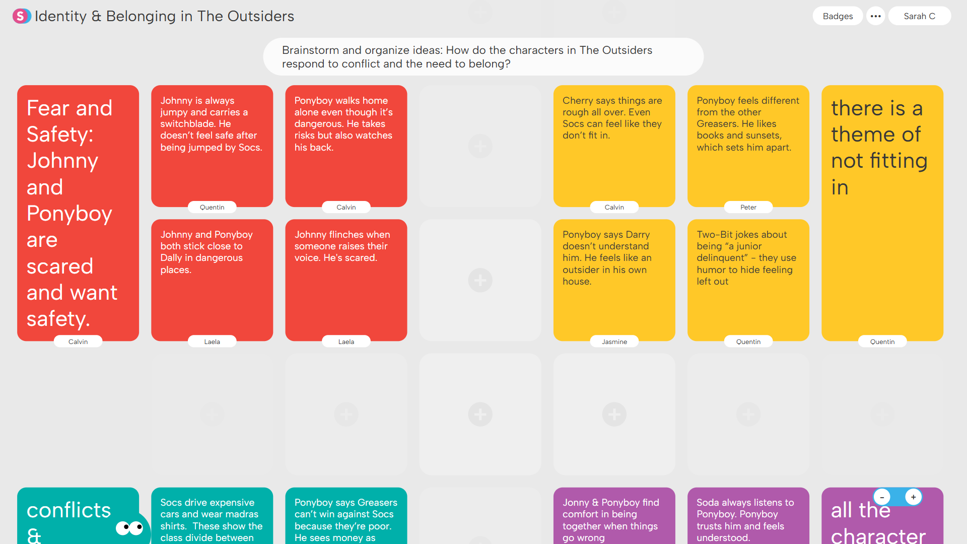 Noteboard Superstructure: Brainstorming board titled 'Identity & Belonging in The Outsiders' with color-coded notes discussing characters' feelings of fear, safety, not fitting in, and conflicts in the novel.