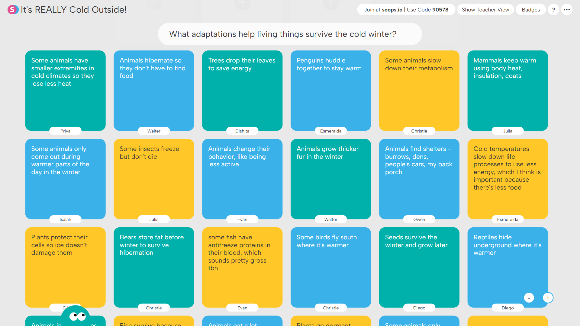 Noteboard Superstructure: Online board titled 'It's REALLY Cold Outside!' with user responses about animal and plant adaptations for winter survival in colored text boxes.