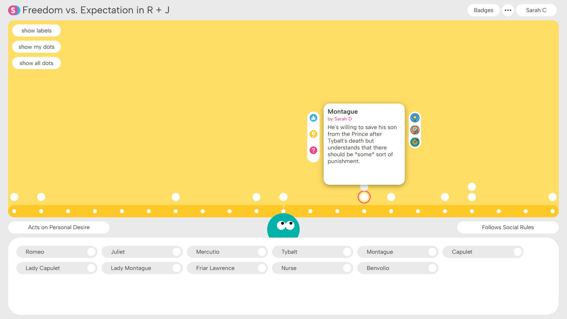 Spectrum Superstructure: Interactive chart titled 'Freedom vs. Expectation in R + J' plotting characters from Romeo and Juliet along a spectrum from 'Acts on Personal Desire' to 'Follows Social Rules' with a tooltip describing Montague's willingness to save his son but expecting some punishment.