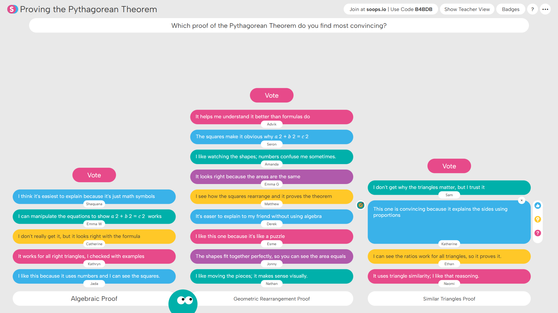 Poll Superstructure: Online poll showing user comments comparing proofs of the Pythagorean Theorem across Algebraic, Geometric Rearrangement, and Similar Triangles methods.