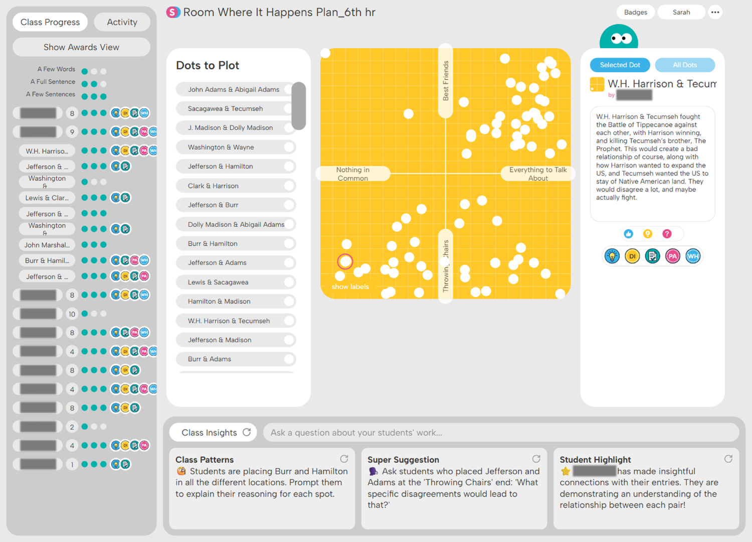 Badges showing progress in analyzing conflicts in Fahrenheit 451: Internal Explorer, External Investigator, Conflict Tracker, Resolution Analyst, and Cause & Effect Detective with descriptive progress bars.
