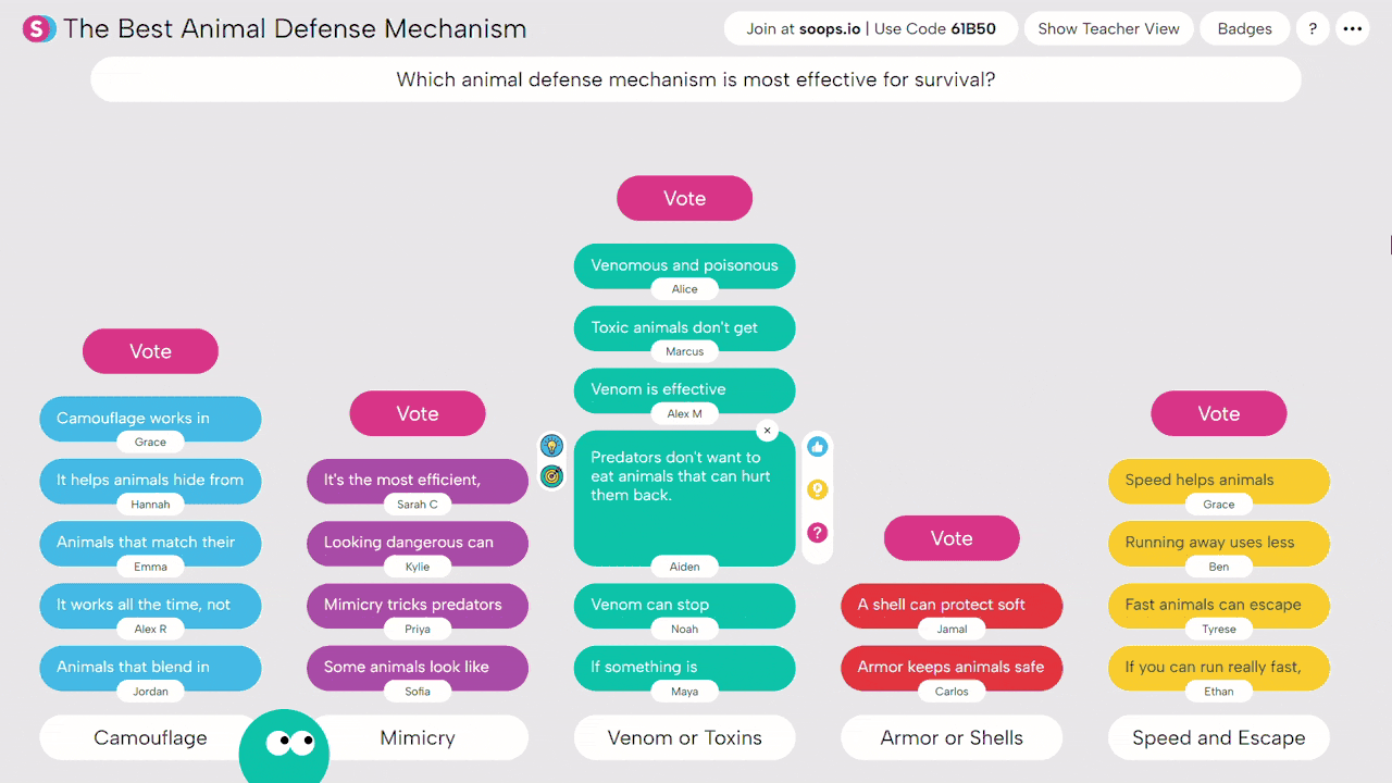 Interactive poll showing responses on the most effective animal defense mechanisms including Camouflage, Mimicry, Venom or Toxins, Armor or Shells, and Speed and Escape with various participant comments. The animation shows the Clarity badge being awarded with images of a badge featuring a light bulb floating up the screen over the poll in the background.