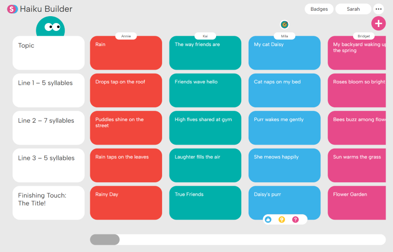 Haiku Builder interface showing four completed haikus with topics, three lines of syllables, and titles, each in different colored columns.