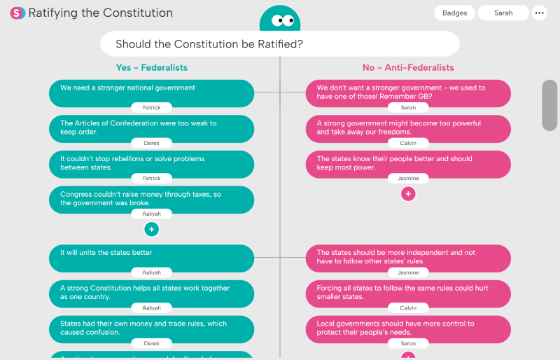 Diagram titled 'Should the Constitution be Ratified?' contrasting Yes – Federalists in teal on the left side and No – Anti-Federalists in pink on the right side with multiple speech bubbles presenting arguments such as the need for a stronger government, Articles of Confederation weakness, and states' independence.