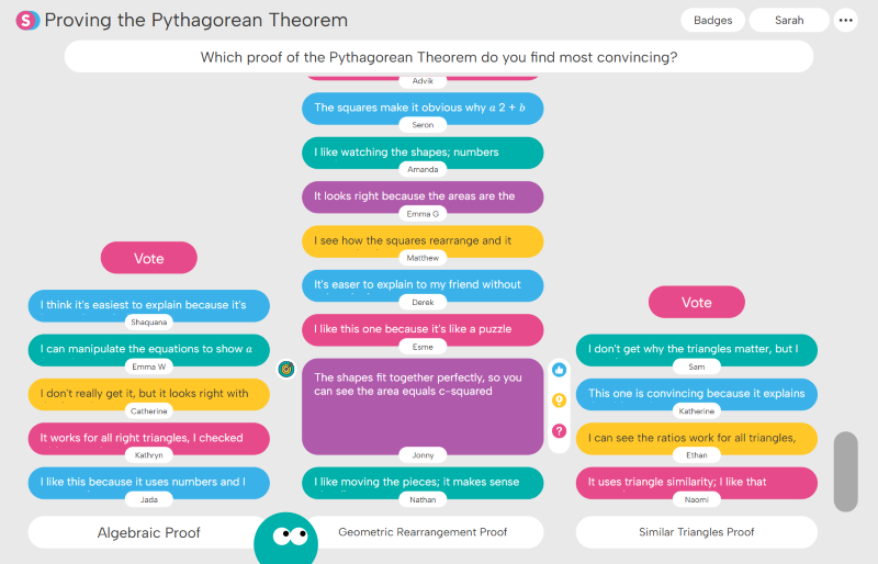Chat-style poll showing various student comments categorizing different proofs of the Pythagorean Theorem: Algebraic Proof with blue, green, orange, and pink comments, Geometric Rearrangement Proof with purple and green comments, and Similar Triangles Proof with green, blue, orange, and pink comments.