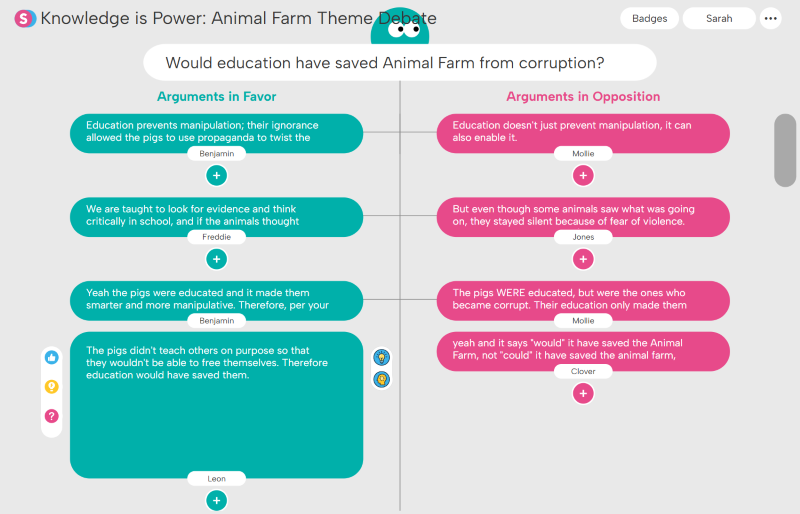 Debate board titled 'Knowledge is Power: Animal Farm Theme Debate' showing arguments in favor on the left in blue and arguments in opposition on the right in pink about whether education would have saved Animal Farm from corruption.