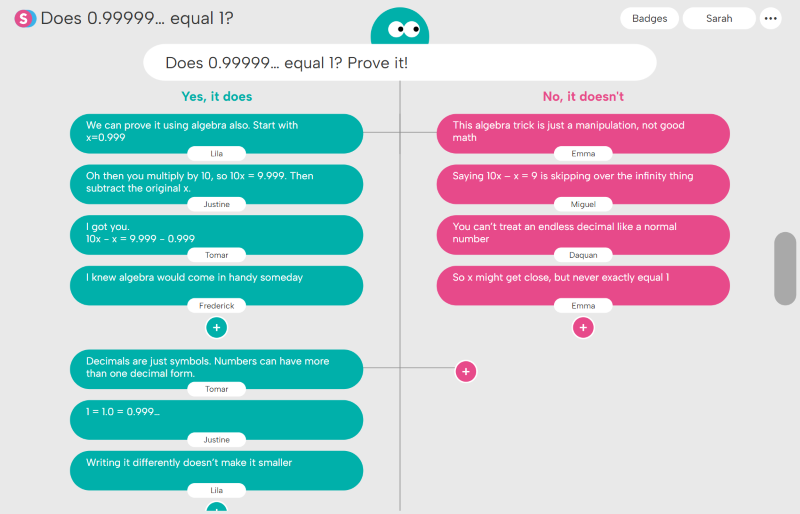 Debate flowchart with arguments for and against 'Does 0.99999... equal 1?' showing algebraic proof on the left side and counterarguments on the right side.