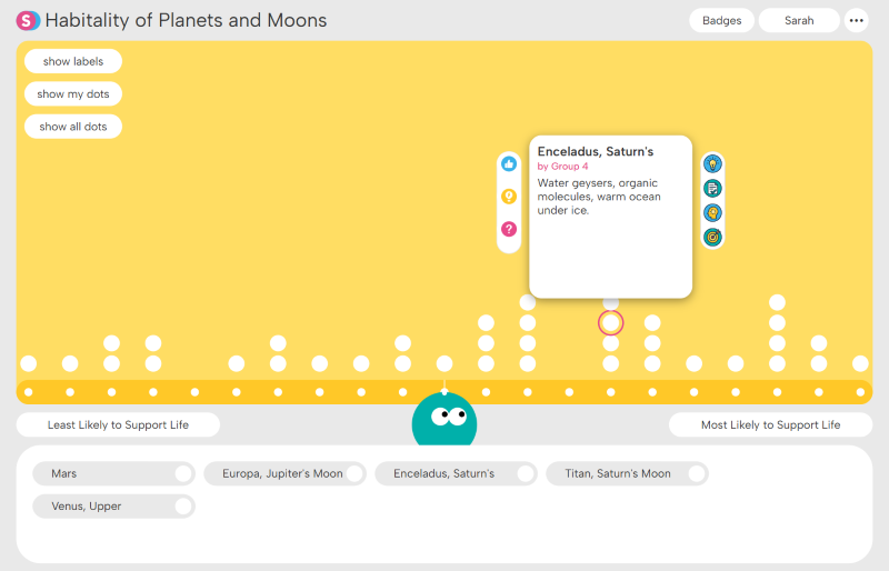 Interactive chart titled Habitability of Planets and Moons with dots representing likelihood to support life, highlighting Enceladus, Saturn's moon, noted for water geysers, organic molecules, and a warm ocean under ice.