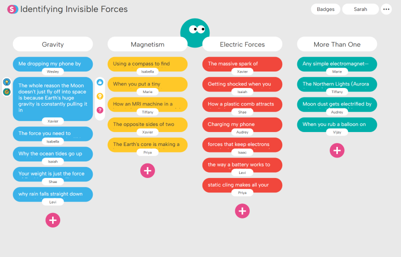 A categorized list titled Identifying Invisible Forces with columns labeled Gravity, Magnetism, Electric Forces, and More Than One, each containing colored speech bubbles with explanations and names.
