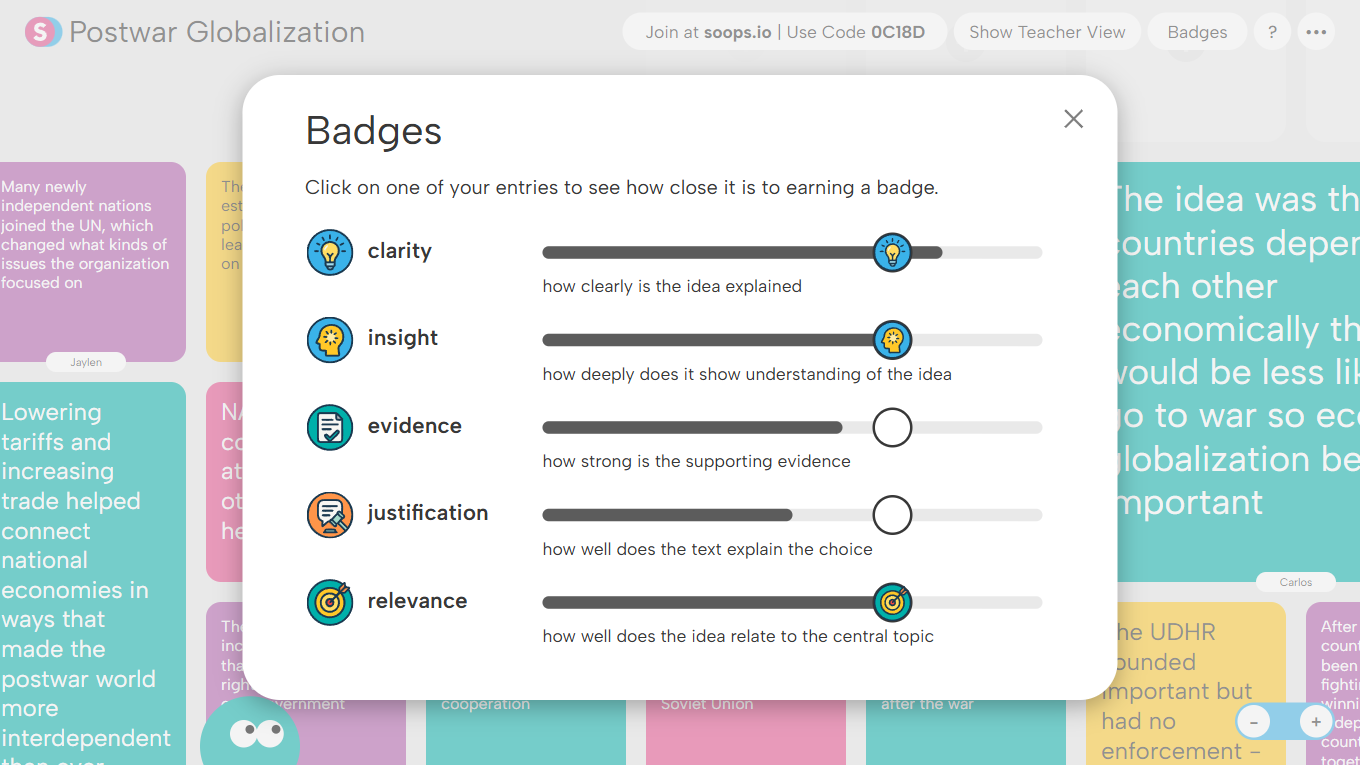 Progress bars showing badge levels for clarity, insight, evidence, justification, and relevance in a postwar globalization activity.