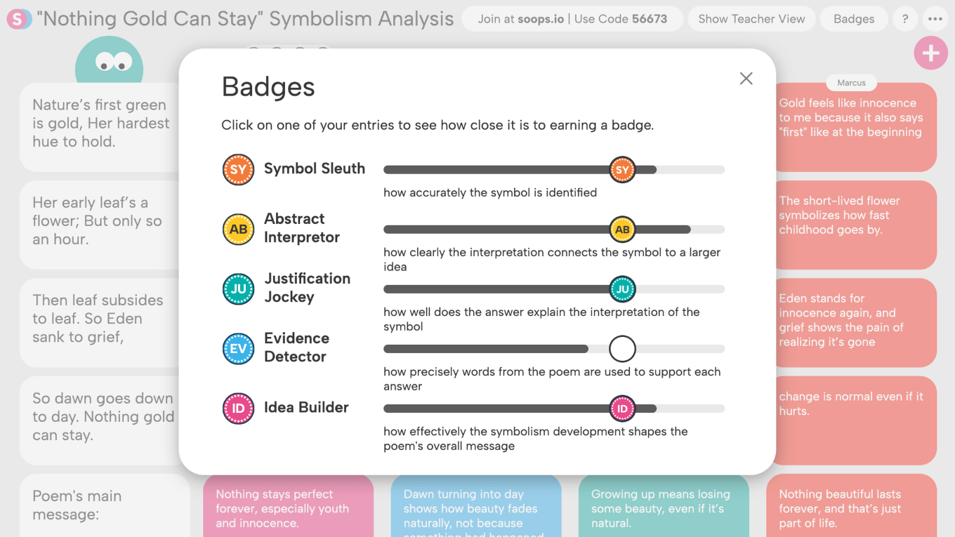 Badge progress chart showing levels for Symbol Sleuth, Abstract Interpretor, Justification Jockey, Evidence Detector, and Idea Builder in a poem symbolism analysis.