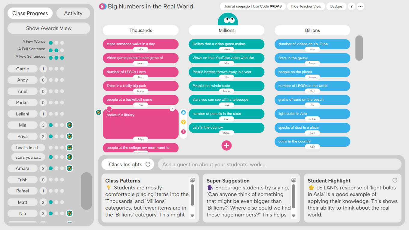 Class progress and activity dashboard showing student names and their progress with big numbers examples divided into Thousands, Millions, and Billions categories.