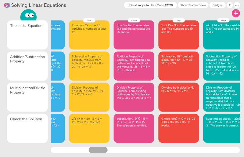 Color-coded table explaining steps and properties used to solve linear equations, including initial equations, addition/subtraction, multiplication/division properties, and solution checks with examples.
