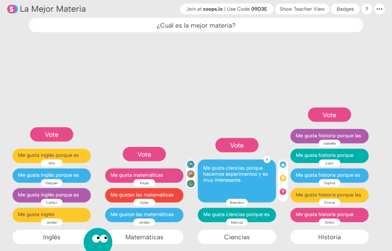 Online poll results showing votes for best school subjects: English, Mathematics, Science, and History with color-coded user comments and vote buttons.