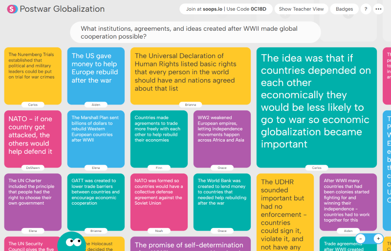 A digital sticky note board titled 'Postwar Globalization' featuring color-coded notes with information about institutions, agreements, and ideas after WWII that enabled global cooperation, such as the Nuremberg Trials, Marshall Plan, NATO, Universal Declaration of Human Rights, and economic agreements.