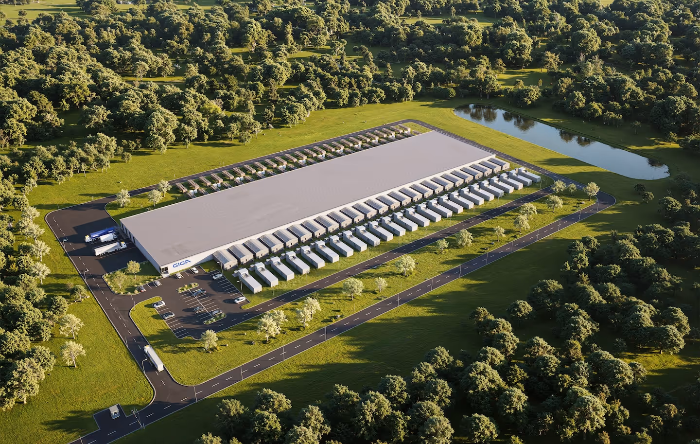 A drone photo of a Giga Energy AI factory