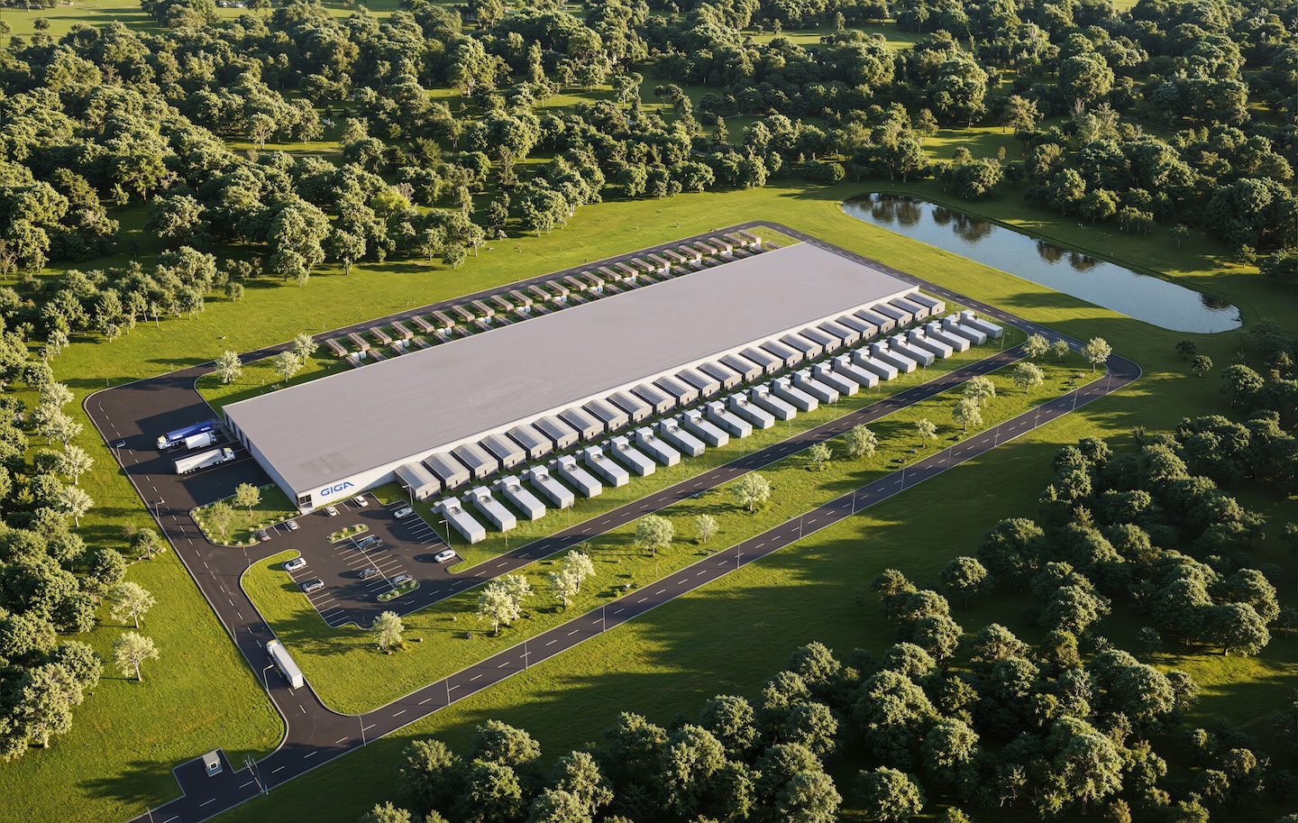 A drone photo of a Giga Energy AI factory