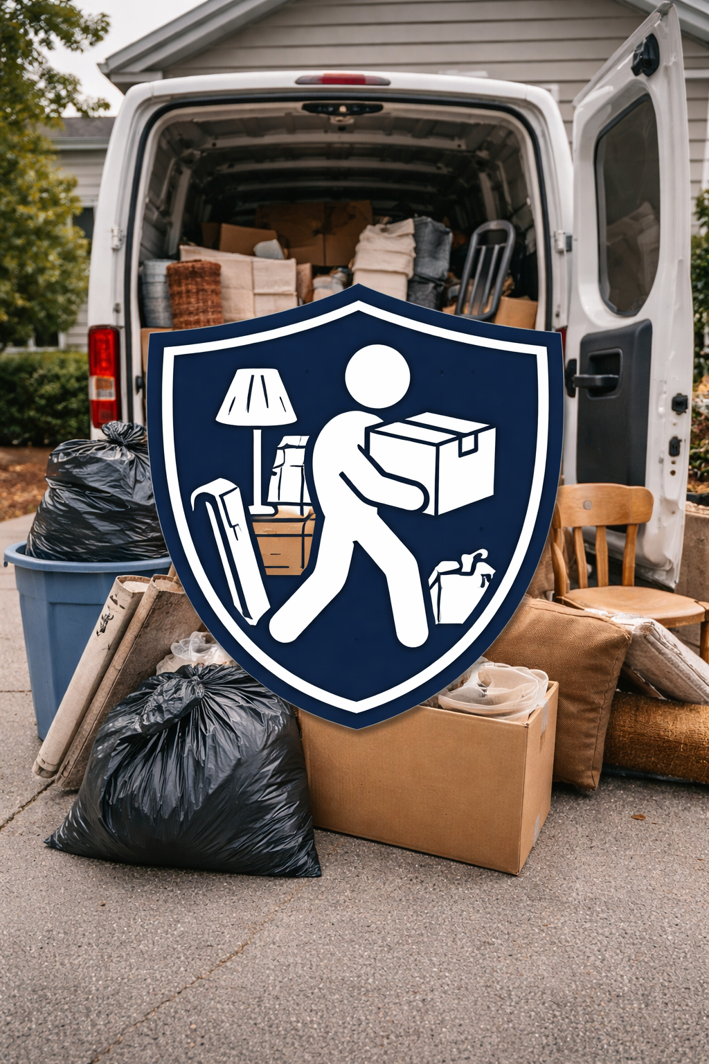 Entrümpelungsservice vor einem offenen Transporter mit Kartons, Möbeln und Müllsäcken; im Vordergrund ein blaues Schutzschild-Piktogramm mit einer Person, die eine Umzugskiste trägt.