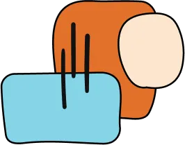 Abstract geometric shapes in orange, blue, and beige overlap