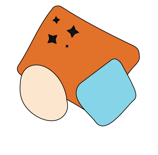 Orange geometric shape with sparkling stars and round and square blue objects