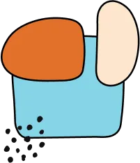 Abstract geometric shapes with blue square, orange blob, and scattered dots
