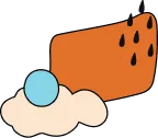 Orange geometric shape with blue circle and cloud-like form