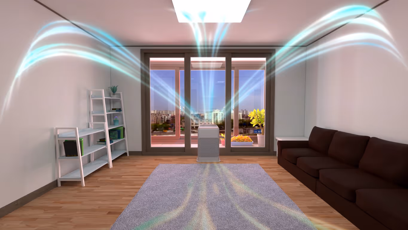 Air purifier dispersing clean air waves in modern minimalist living room