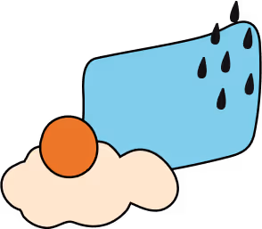 A playful, cartoon-like icon features a light blue cloud with black raindrops, positioned above a white cloud with a circular orange sun peeking out.