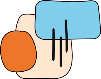 A stylized icon features an orange circle on the left, a vertical light beige rectangle with three black vertical lines in the center, and a light blue horizontal rectangle overlapping the top right.