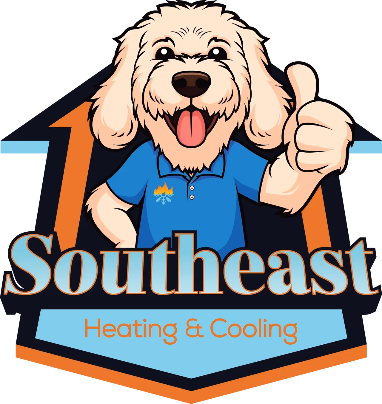 Cheerful dog mascot giving thumbs up for Southeast Heating & Cooling.