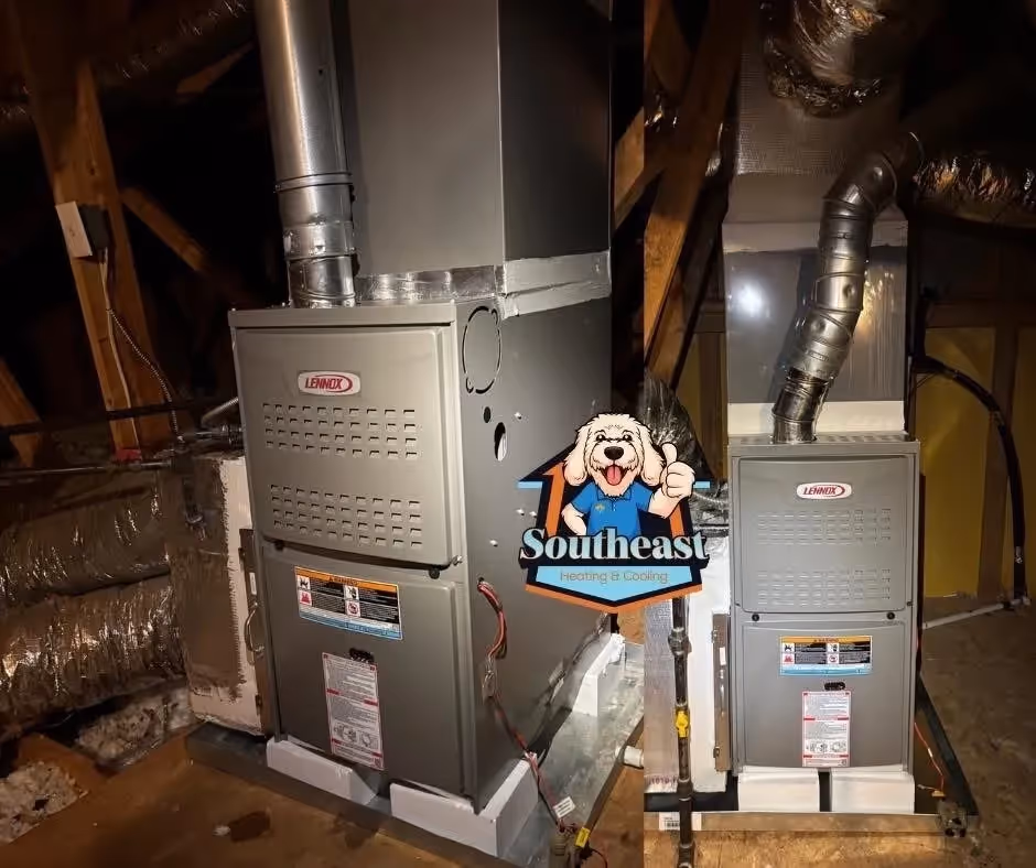 Two Lennox furnaces with Southeast Heating and Cooling logo in basement.