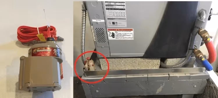 Electrical equipment with red and blue cables, mouse peeking out.