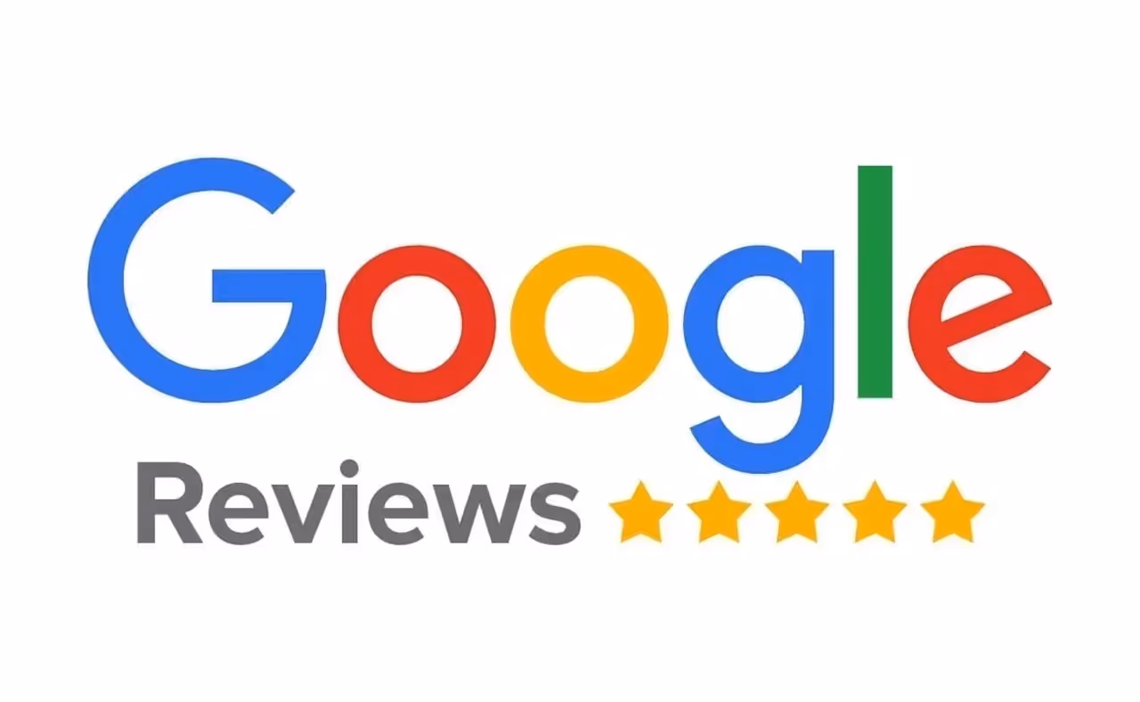 Google Reviews logo with colorful letters and five gold stars.