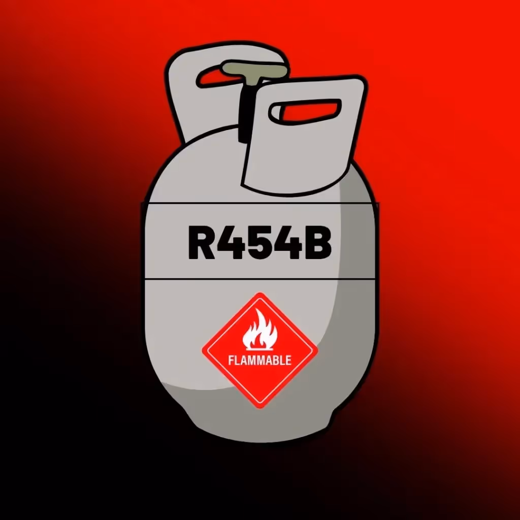 Flammable R454B refrigerant gas cylinder on red background.