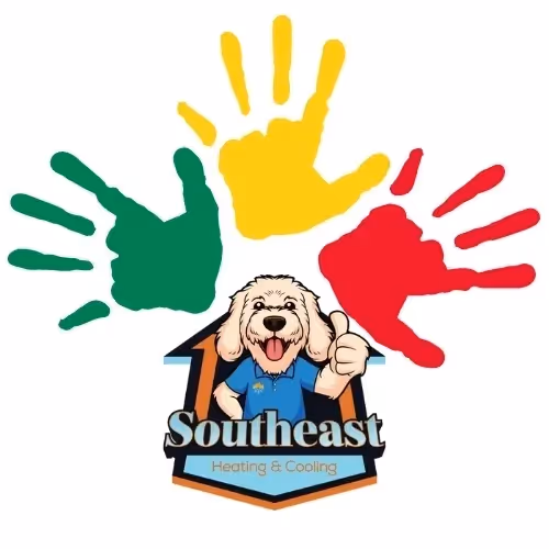 Southeast Heating & Cooling logo with colorful handprints and happy dog