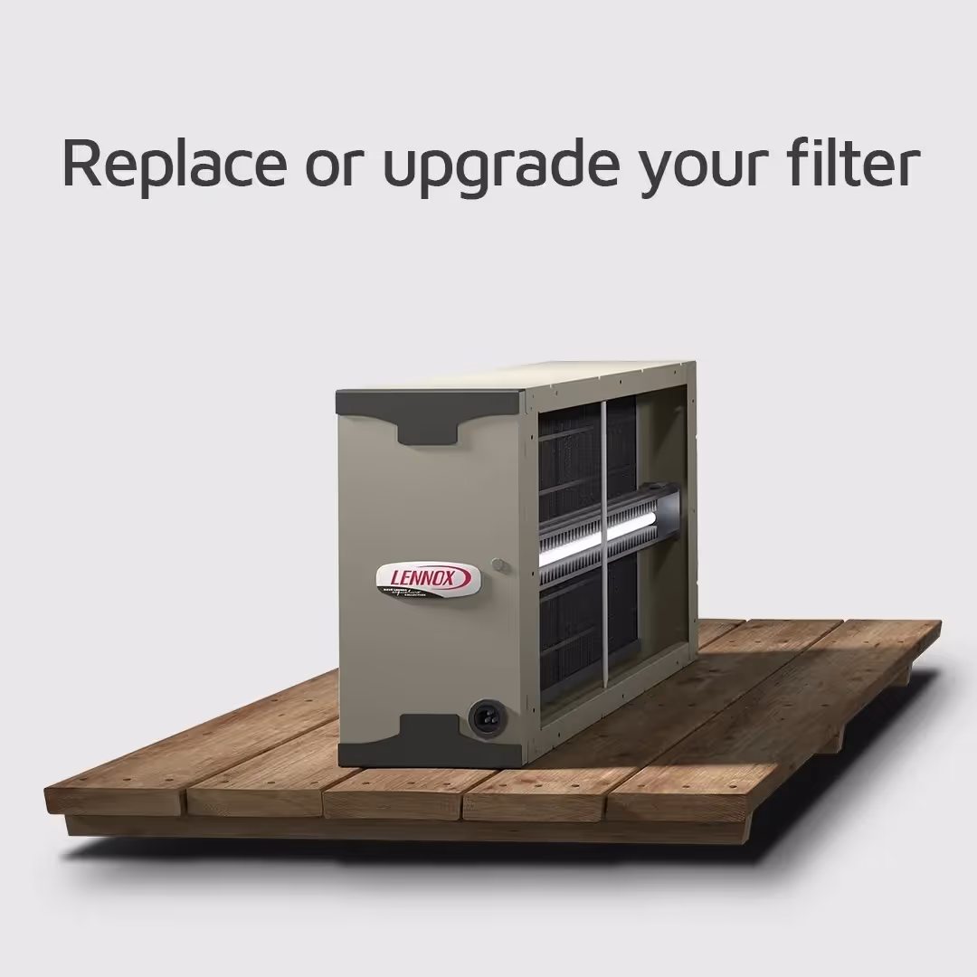 Lennox air filter unit on wooden platform with replacement recommendation